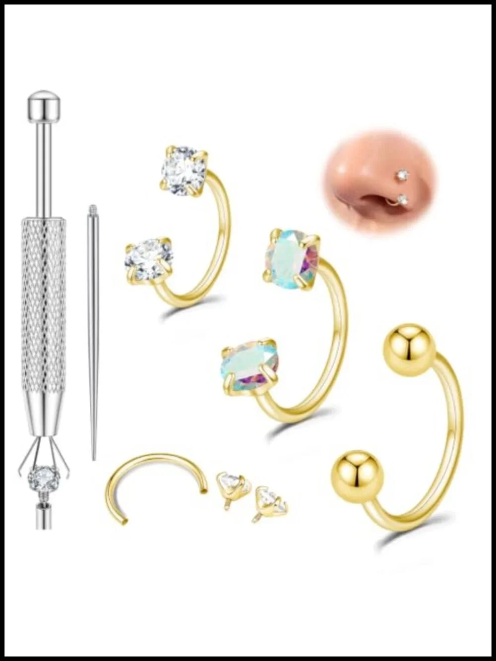 20G Horseshoe Nose Ring Set 7-9mm Titanium Steel Double CZ Gem Hypoallergenic